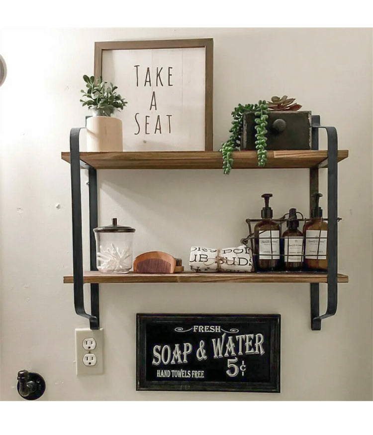 Brand new- free post 2 Layer Wood Wall Shelves Home Decor Floating Shelf Metal Hanging Storage Rack