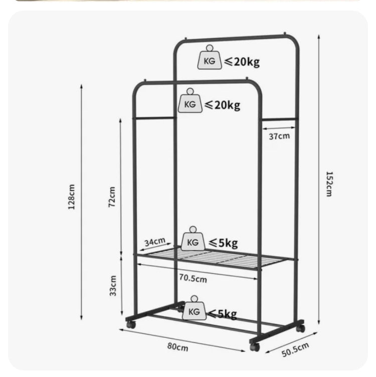 Metal Garment Rack Upgraded Length Clothing Hanger Rolling Rack Stand w/ Storage