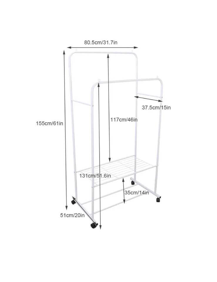 Metal Garment Rack Upgraded Length Clothing Hanger Rolling Rack Stand w/ Storage