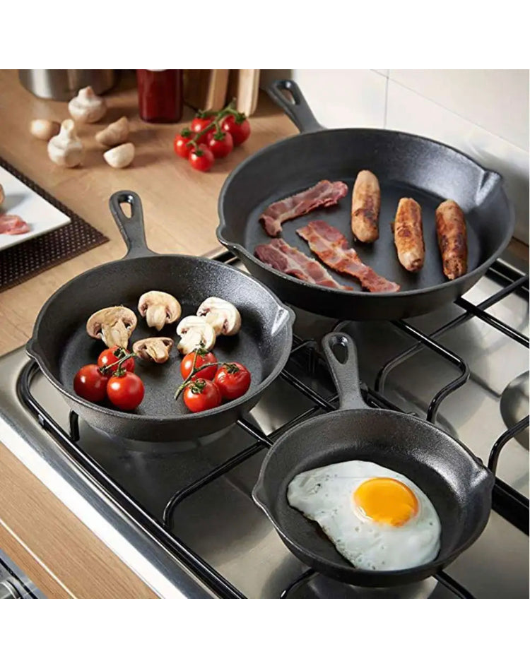 Brand new-free post 3 piece-set Cast Iron Skillet Camping BBQ Frying Pan Kitchen Cookware Fried Egg