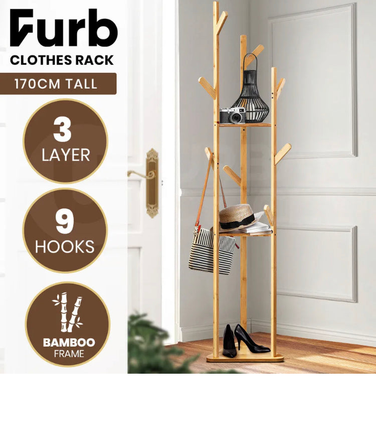 Brand new-free post Furb Bamboo Coat Rack Hat Clothes Stand Hanger Garment  Hook Tree Rail Organizer