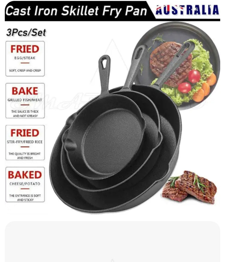 Brand new-free post 3 piece-set Cast Iron Skillet Camping BBQ Frying Pan Kitchen Cookware Fried Egg