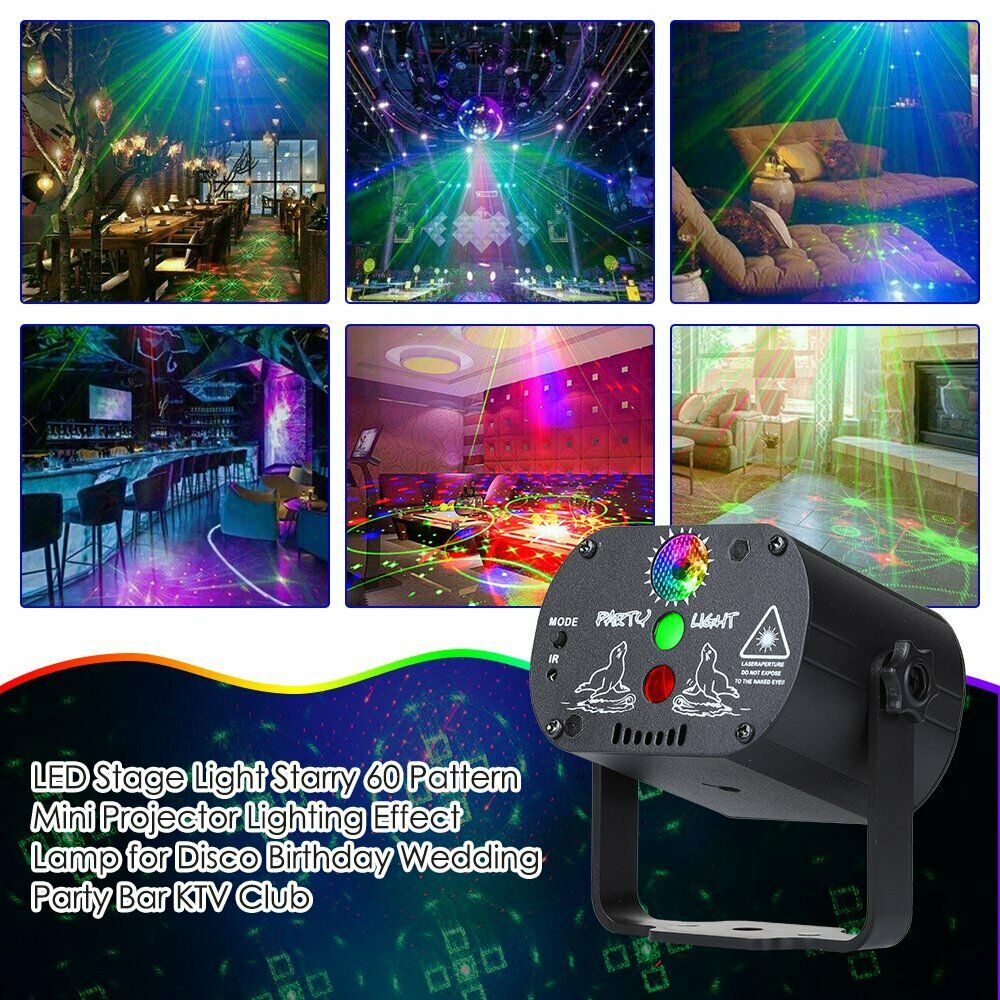 LED 60 Pattern DJ Stage Lighting RGB Laser Projector Disco Party Club Xmas Light