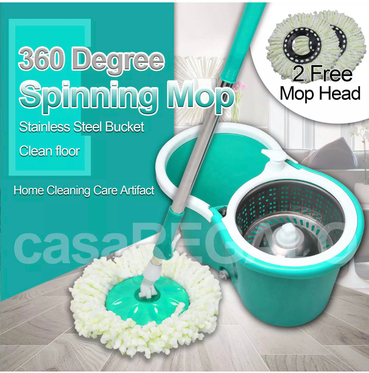 Stainless Steel 360° Spinning Mop Bucket Easy Clean 2 Free Spin Mop Heads Wheel