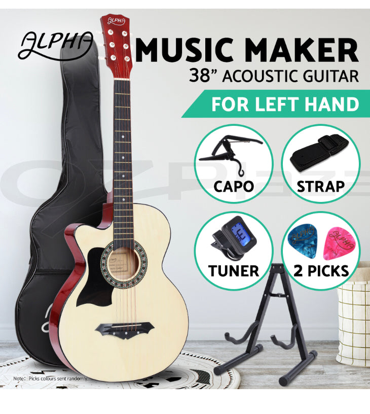 Alpha 38” Inch Acoustic Guitar Classical Wooden Folk Strings Capo Left handed