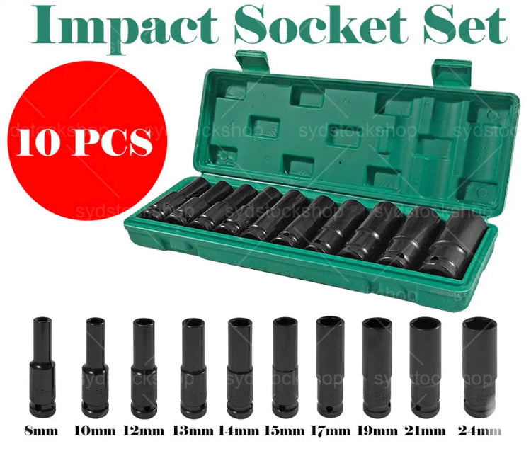 Brand new- free post  10Pcs 8-24Mm 1/2 inch Drive Deep Impact Socket Set Heavy Metric Garage Tool Box