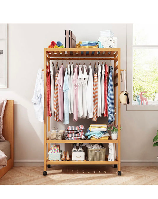 Brand new- free post Bamboo Clothes Rack Garment Storage Closet Organizer Hanging Rail Shelf On-Wheel