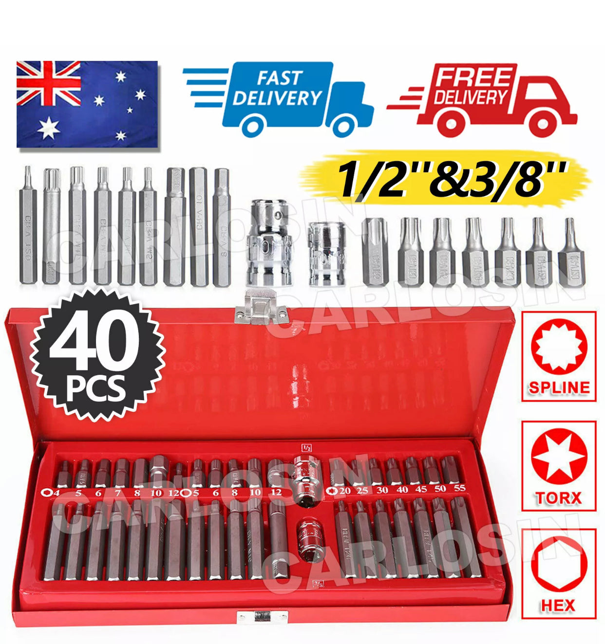 Brand new- fee shipping 40pcs Allen Key Set Socket Bit 3/8"&1/2" Drive Long Deep Torx Star Spline Hex