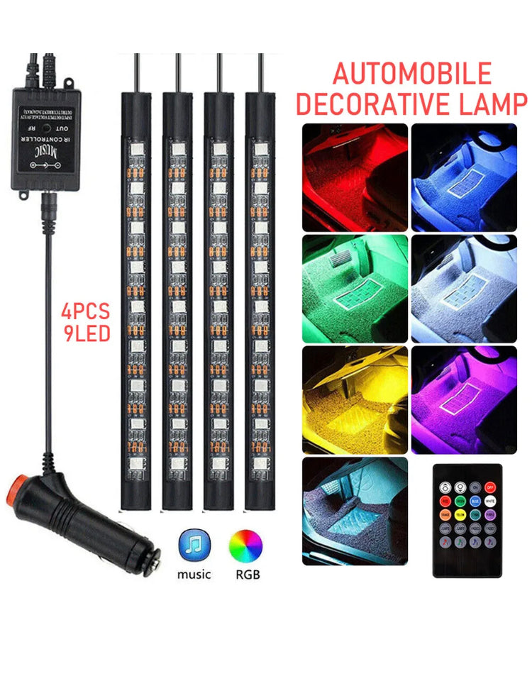 Brand new-free post 9 LED Car Interior RGB LED Strip Lights Atmosphere Decorative Neon Music Lamp