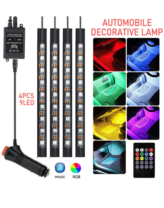 Brand new-free post 9 LED Car Interior RGB LED Strip Lights Atmosphere Decorative Neon Music Lamp