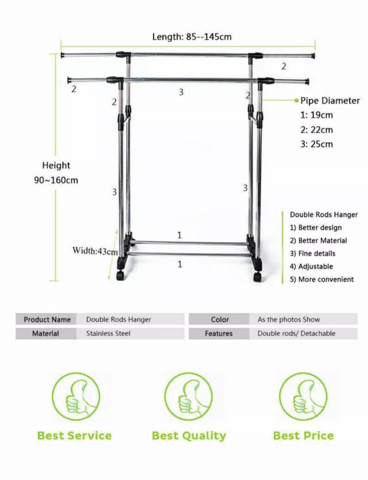 Brand new- free shipping Adjustable Garment Holder Clothes Rack Double Stainless Shelf Hanger Coat AU