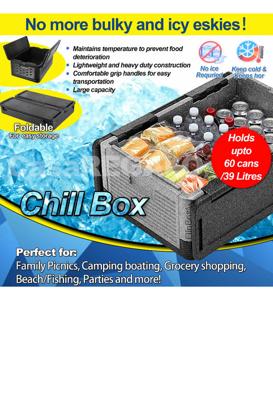 Brand new- free post CHILL CHEST LIGHTWEIGHT ICE FREE COOLER KEEPS FOOD DRINK HOT COLD FOLDABLE UPP