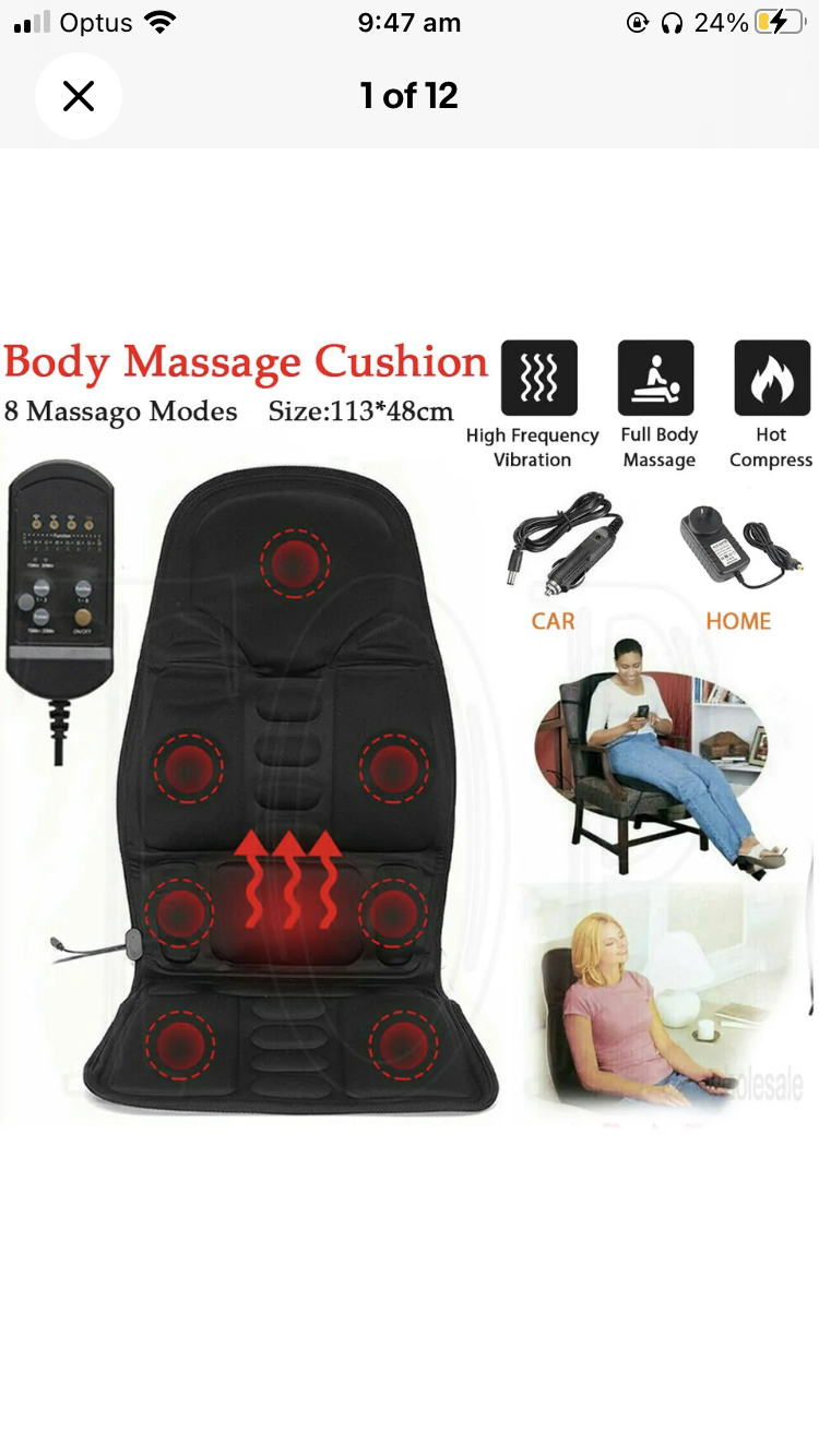 Brand new- free post 8 Modes Full Body Massager Back Seat Cushion Shiatsu Chair Massage Pad Heat Mat