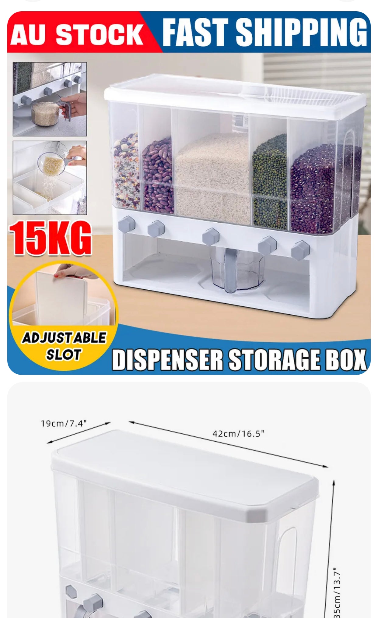 Brand new free post - 15Kg Grain Case Cereal Dispenser Storage Box Kitchen Food Rice Container Wall