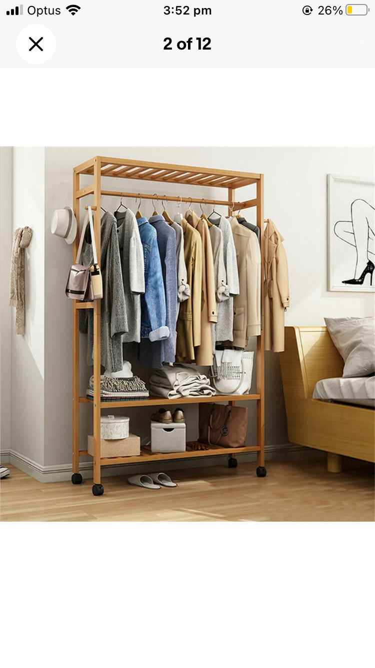 Brand new- free post Bamboo Clothes Rack Garment Storage Closet Organizer Hanging Rail Shelf On-Wheel