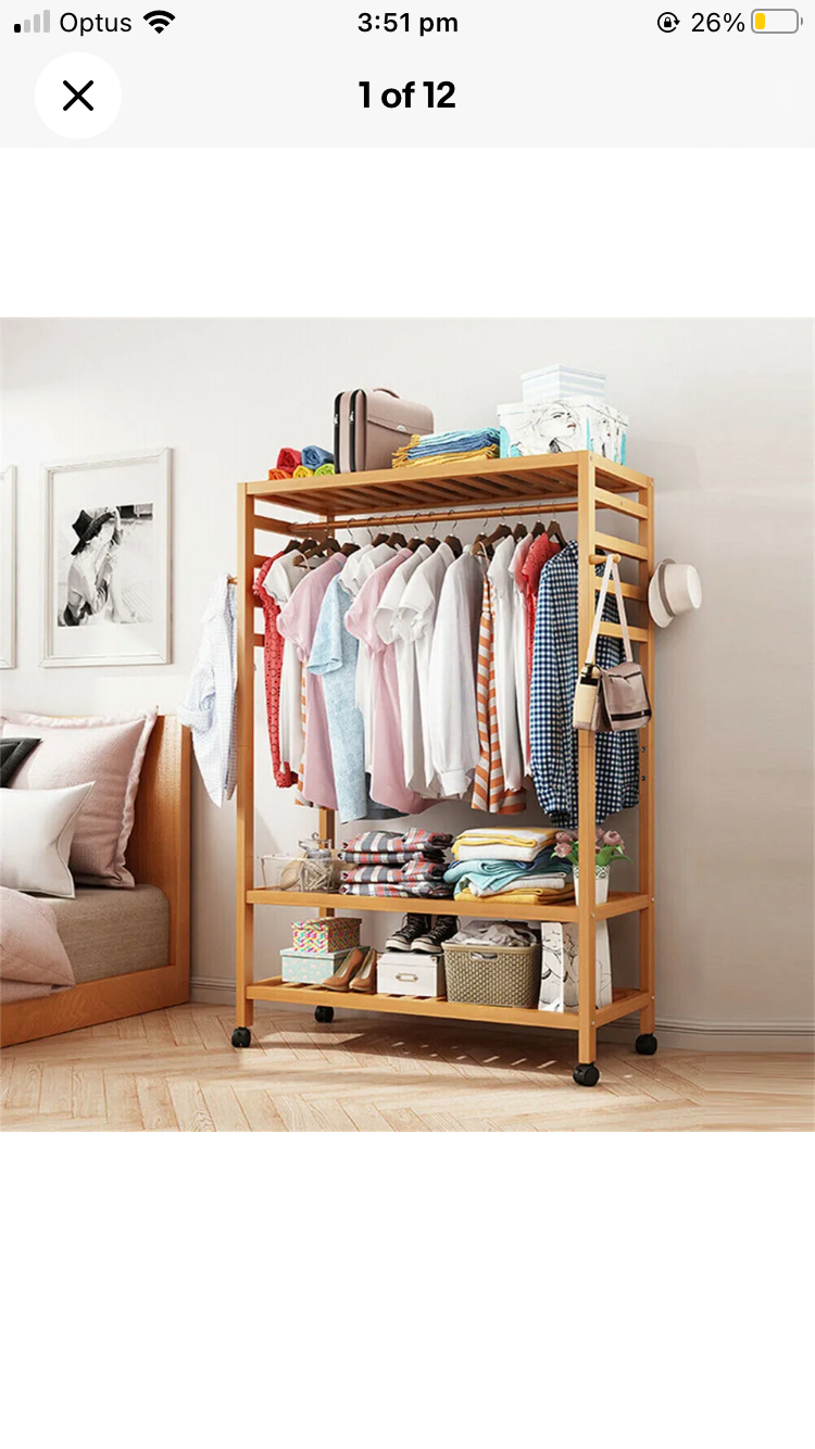 Brand new- free post Bamboo Clothes Rack Garment Storage Closet Organizer Hanging Rail Shelf On-Wheel