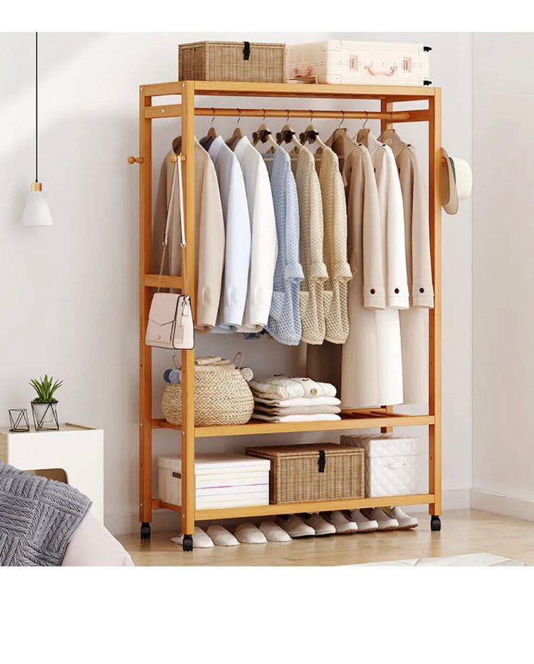 Brand new- free post Bamboo Clothes Rack Garment Storage Closet Organizer Hanging Rail Shelf On-Wheel