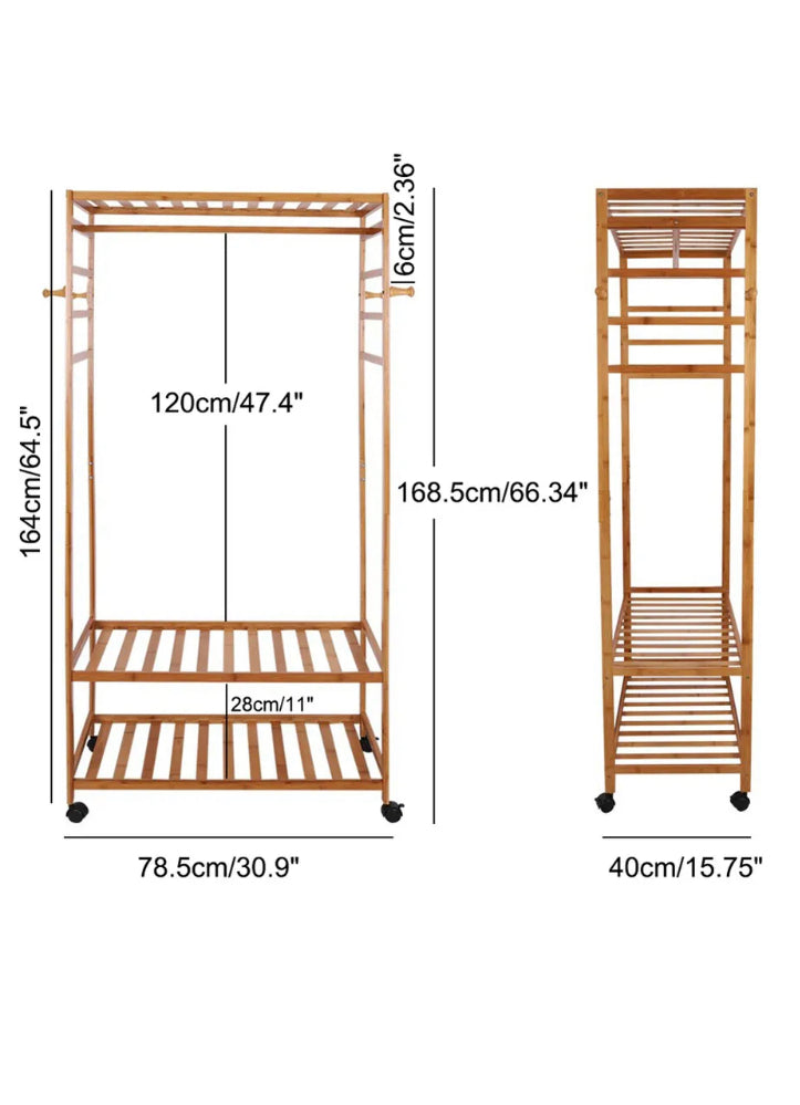 Brand new- free post Bamboo Clothes Rack Garment Storage Closet Organizer Hanging Rail Shelf On-Wheel